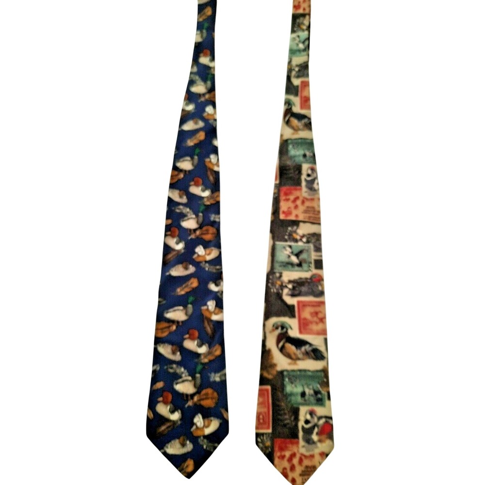 Roundtree & Yorke Silk Tie Set 2 Duck Hunting Mallard Postage Stamp USA Made